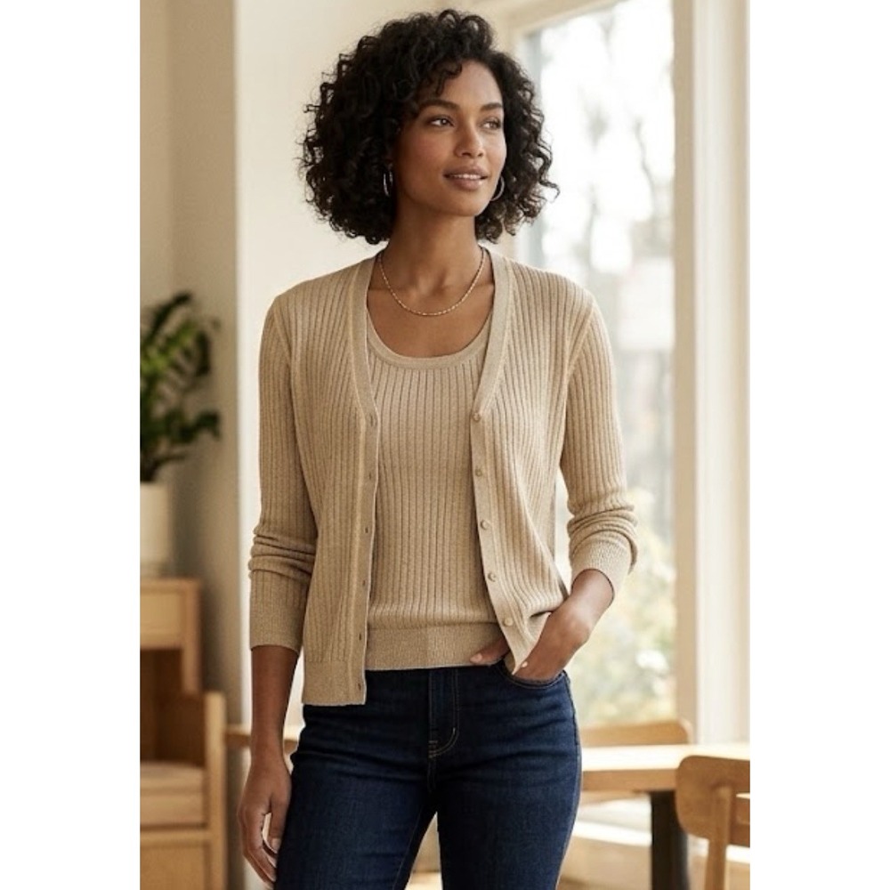 Lauren Ralph Lauren Black Label Linen Sweter Twin Set Tan Size XL Ribbed